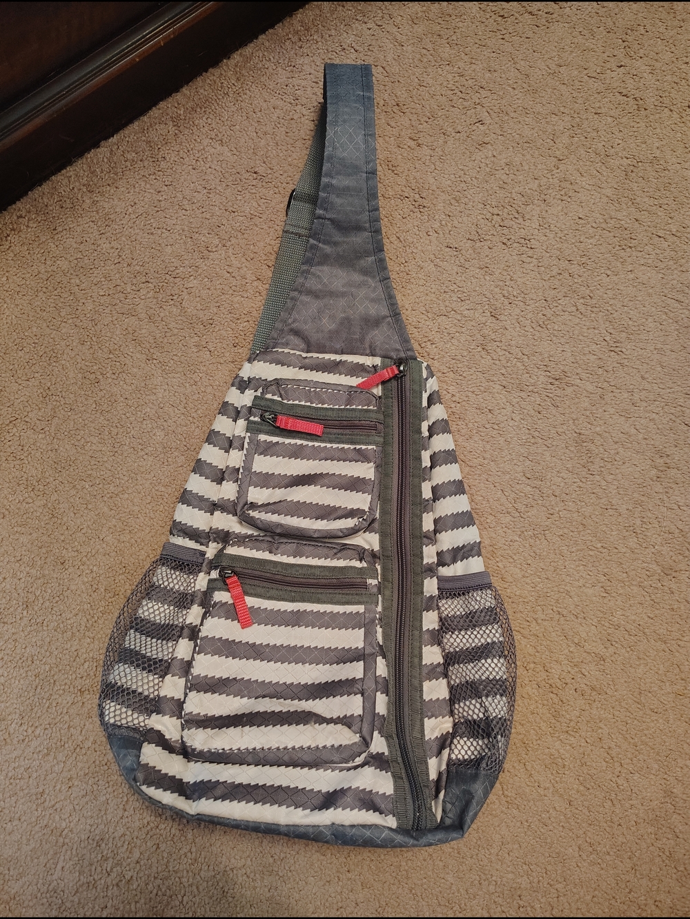 Thirty One-Gray and White Striped Sling Bag with Pink Accent